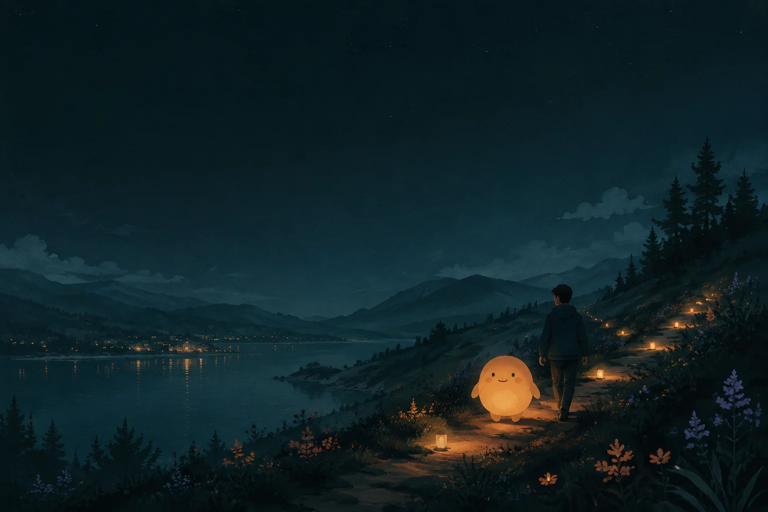 山间夜色中,温暖的灯光照亮小路